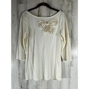 Ann Taylor Loft Shirt Top Size Medium (XS) Cream Butterfly 3/4 Sleeve READ